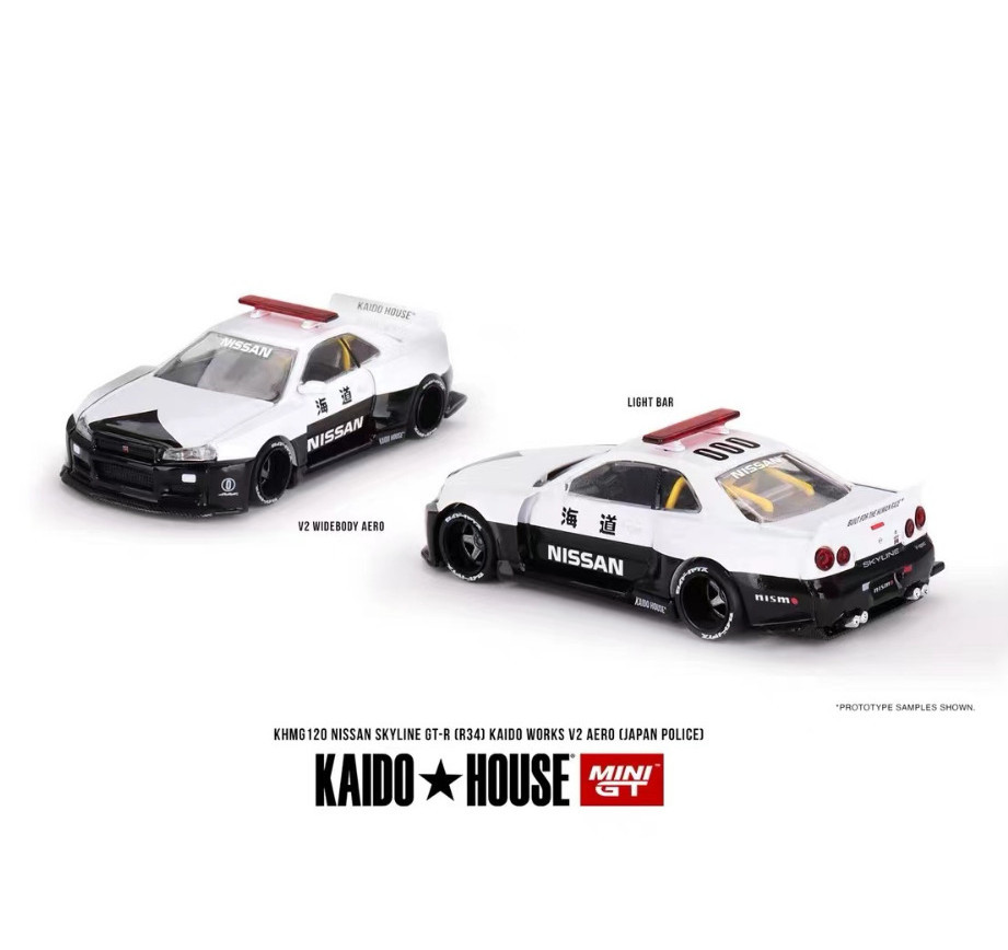 Kaido House+MINIGT 1:64 GTR R34 Seaway รถตํารวจโมเดลรถโลหะผสม