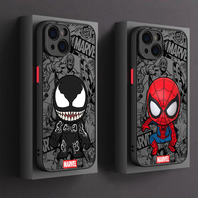 การ์ตูนMarvel Venom Spider Manเคสโทรศัพท์สําหรับIphone 15 11 14 Plus 16 Pro Max 12 13 MiniซิลิโคนสําหรับIphone 16Pro 15Plusโปร่งใสFrostedกันกระแทกเกราะ