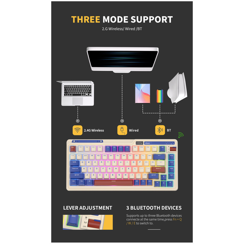 คีย์บอร์ดกลไกแบบไตรโหมดปะเก็น Kzzi K75 82ปุ่ม75% RGB backlit 2.4G