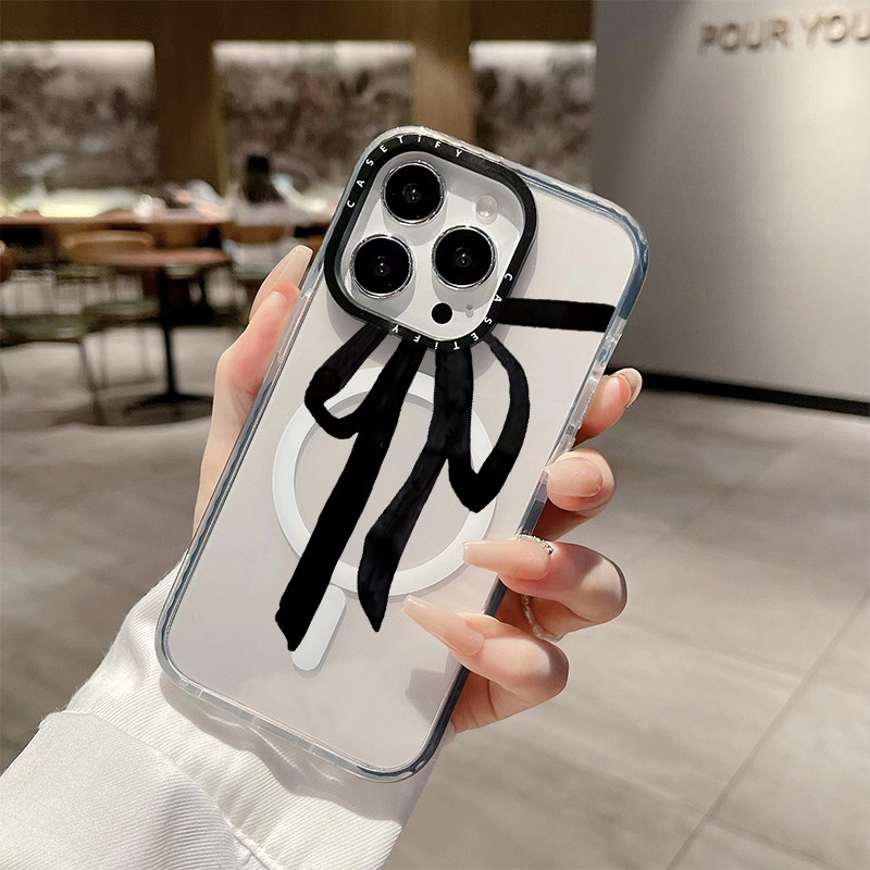 สีดําbowknotริบบิ้นไร้สายชาร์จแม่เหล็กสําหรับiphone 11 14 15 16 Pro Max 12 13 Pro Maxฝาครอบ 15 16 PLUSซิลิโคนนุ่มกันชนใสกันกระแทกปลอก