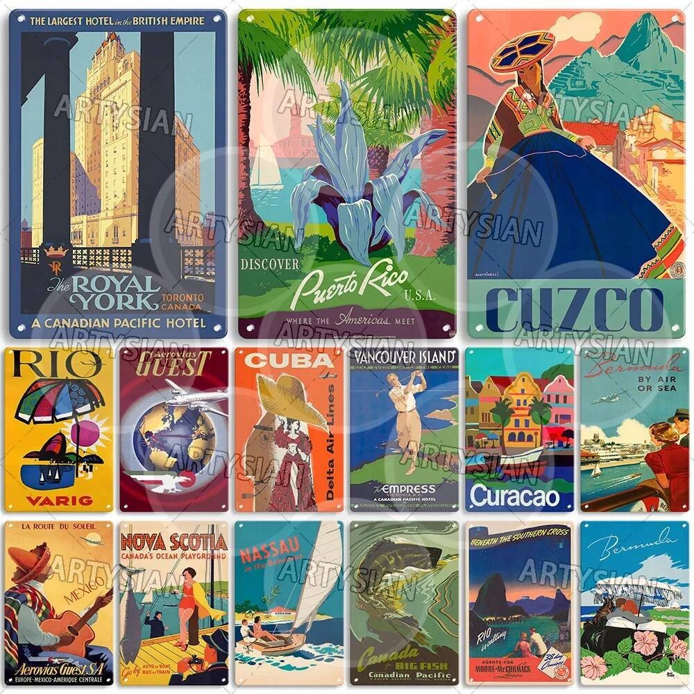 โปสเตอร์ท่องเที่ยว Lating America Canada Baimuda ป้ายโลหะ Peru Cuzco Rio de Janeiro Purto Rico Oax M