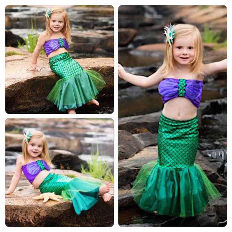 Lily'sshop 2-7Yrs Kids Ariel Little Mermaid Set Girl Princess Dress Party Cosplay Costume Beachwear