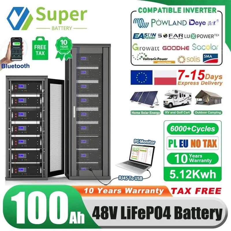 แบตเตอรี่ลิเธียม LiFePO4 48V 100Ah 200Ah แพ็ค 6000 รอบ Bluetooth RS485 CAN BMS 51.2V 120Ah 150Ah 300