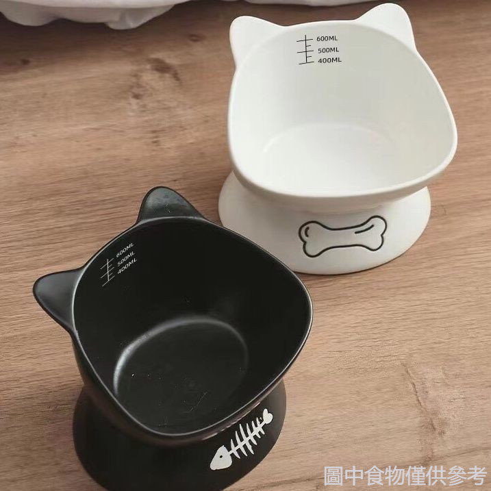 Black Cat Bowl ชามอาหารแมวเซรามิค High-Foot Oblique Mouth Protection กระดูกสันหลังส่วนคอ Anti-Overtu