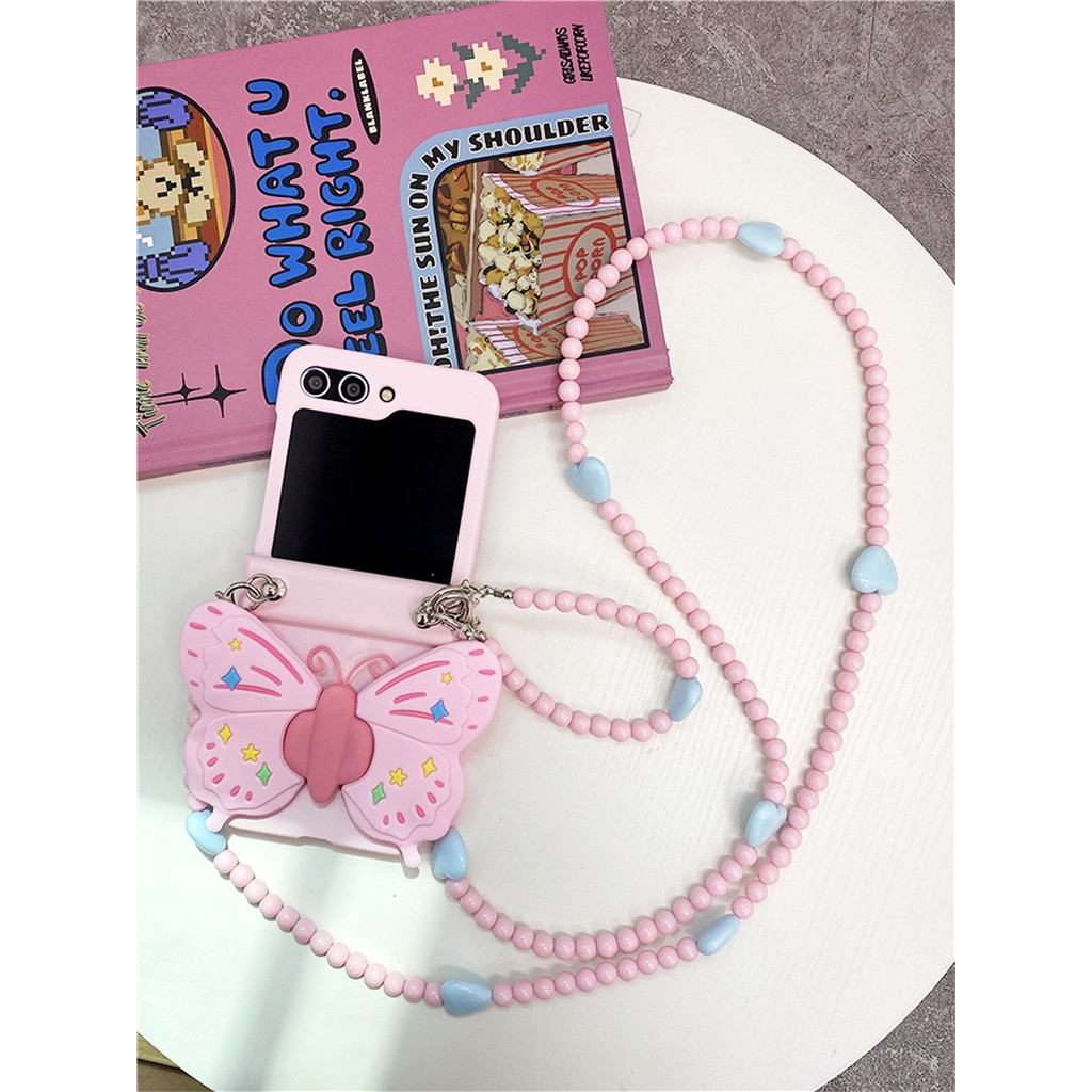 SAMSUNG หวานเกาหลีน่ารักสีชมพูกรณีCrossbody Lanyardสร้อยคอผีเสื้อสําหรับSamsung Galaxy Z Flip7 Z Flip 3 Z Flip 4 Z Flip 5 Z Flip 6 ปกหลัง