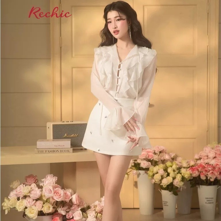 Rechic กระโปรงคาริเอะทรงเอลายใบไม้สุดหรู