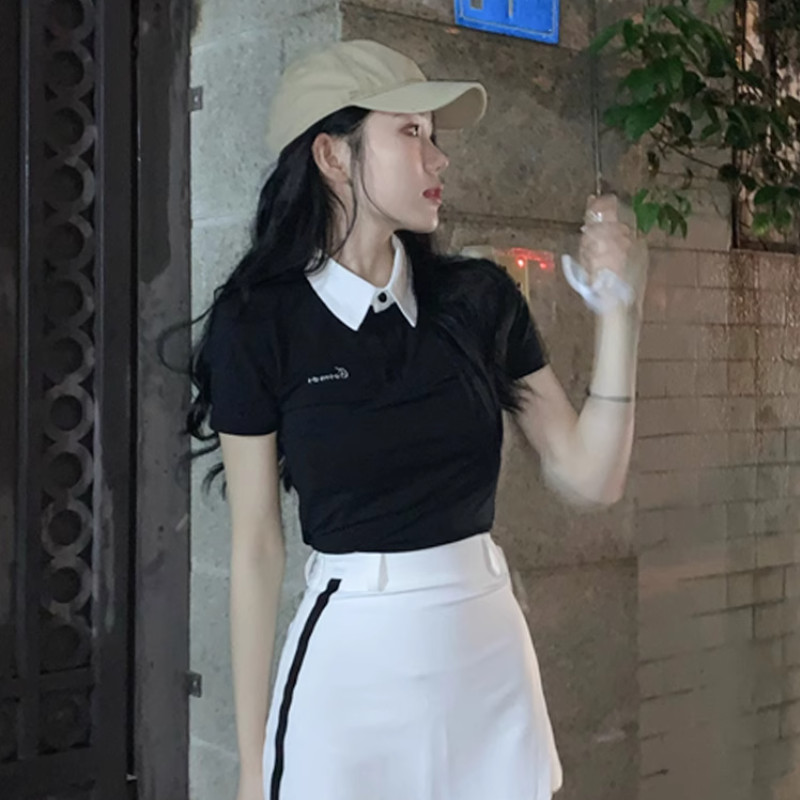 Solovely สไตล์เกาหลี เสื้อตัวบน ปักลาย แขนสั้น เสื้อโปโล