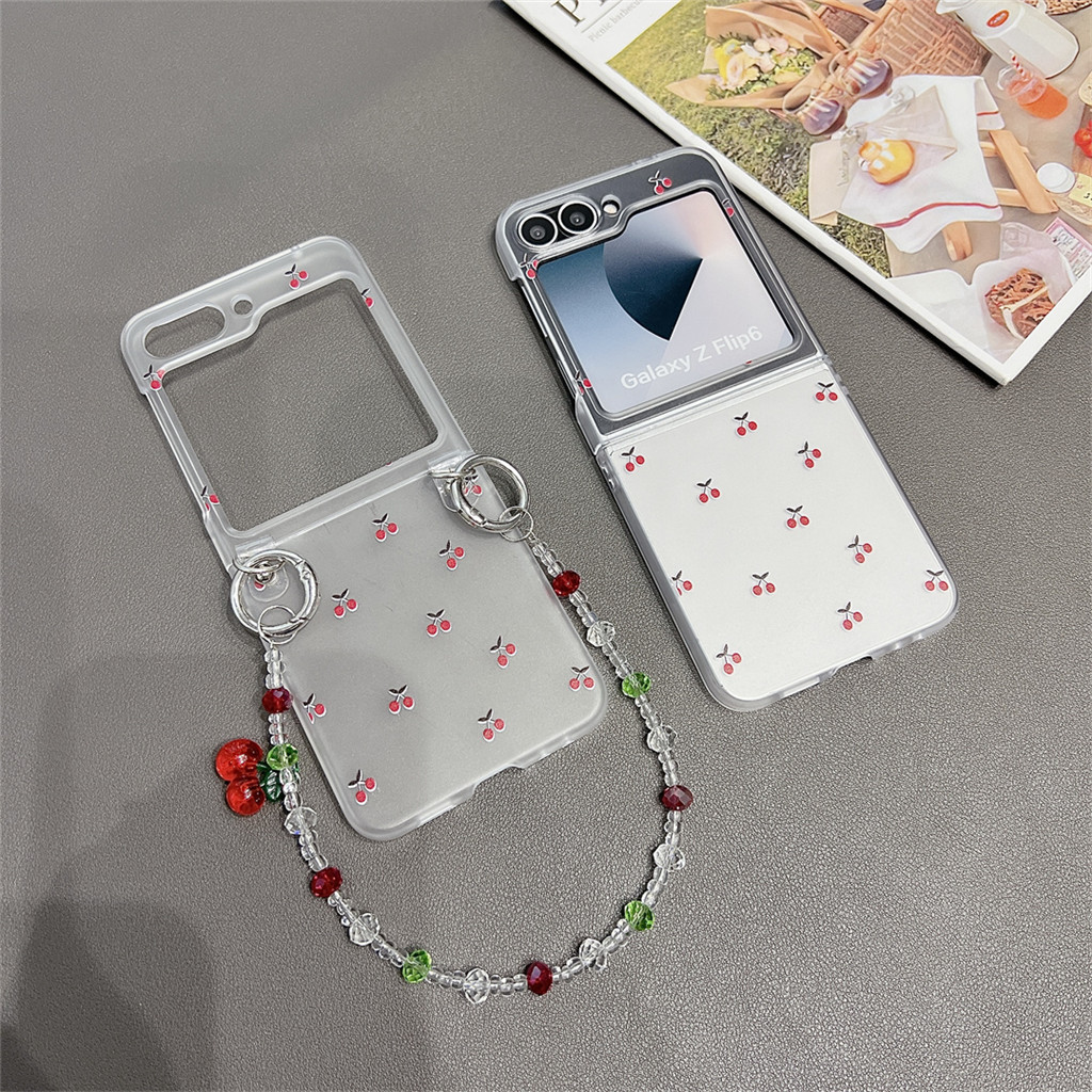 SAMSUNG เกาหลีน่ารักโปร่งใสเชอร์รี่เคสโทรศัพท์crossbody LanyardสําหรับSamsung Galaxy Z Flip6 Flip5 Z Flip3 Z Flip4 Zflip5 ฝาหลัง