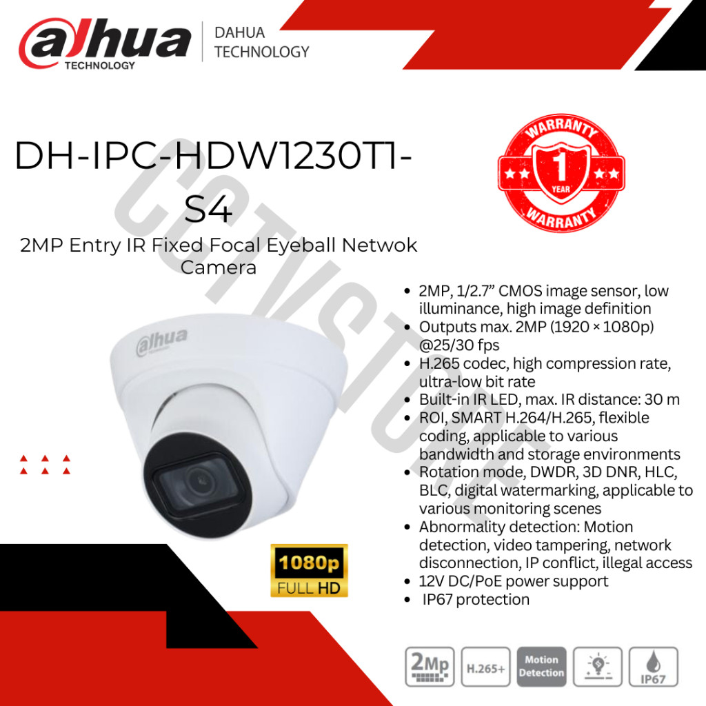 Dahua กล้อง IP HDW1230T1P-S4 IP CAM 2MP