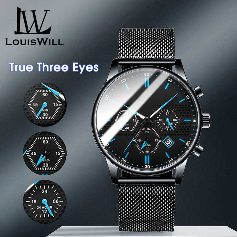 ❤ Will True Three Eyes Wristwatch Quartz Chronograph Stainless Steel Mesh Belt Business Fashion