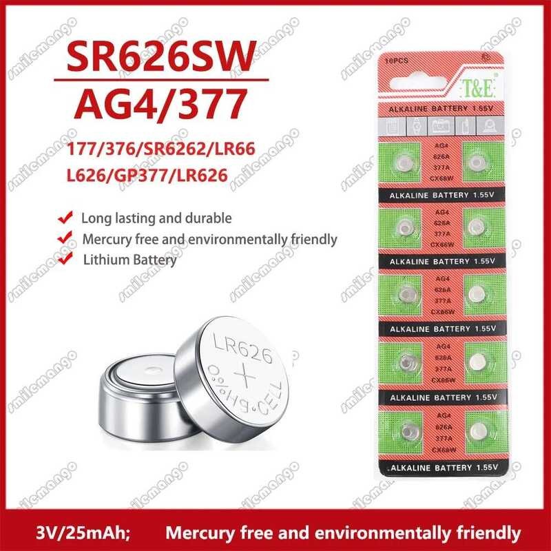 แบตเตอรี่ปุ่ม AG4 377 ขนาด 1.55V 2PCS-50PCS SR626SW SR626 เซลล์แบตเตอรี่อัลคาไลน์ 177 376 626A LR66