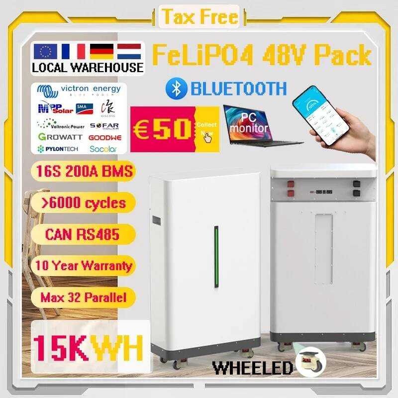 แบตเตอรี่ LiFePO4 48V 600Ah 30KW ชุดแบตเตอรี่ 300AH 15KW 16S 200A BMS แบบพกพาพร้อมล้อ 51.2V แบตเตอรี