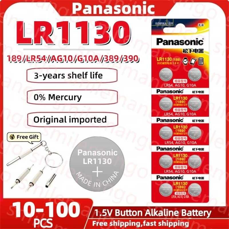 แบตเตอรี่ปุ่มอัลคาไลน์ Panasonic 10-100 ชิ้น 189 LR1130 AG10 SR1130 389 LR54 SR54 1.5V สำหรับนาฬิกา