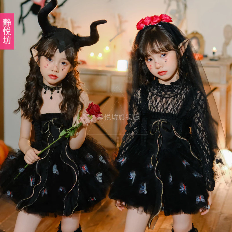 ผีเจ้าสาวลูกไม้ชุดสีดําสําหรับเด็กสาวแวมไพร์มืดชุดแต่งงานของขวัญฮาโลวีนคอสเพลย์เครื่องแต่งกายพรรคชุด thumbnail 7