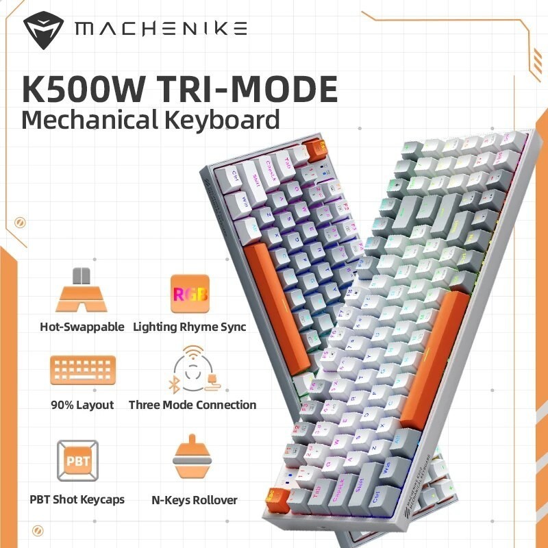 Machenike K500W คีย์บอร์ดกลไกไร้สาย ขนาดเต็ม 94 ปุ่ม สีขาว/เทา/ส้ม
