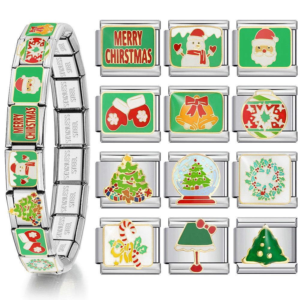 1 ชิ้น Y2K สแตนเลสอิตาเลี่ยน Charm สร้อยข้อมือต้นคริสต์มาส Santa Claus ตกแต่งคริสต์มาส DIY ทําเครื่องประดับอุปกรณ์เสริม