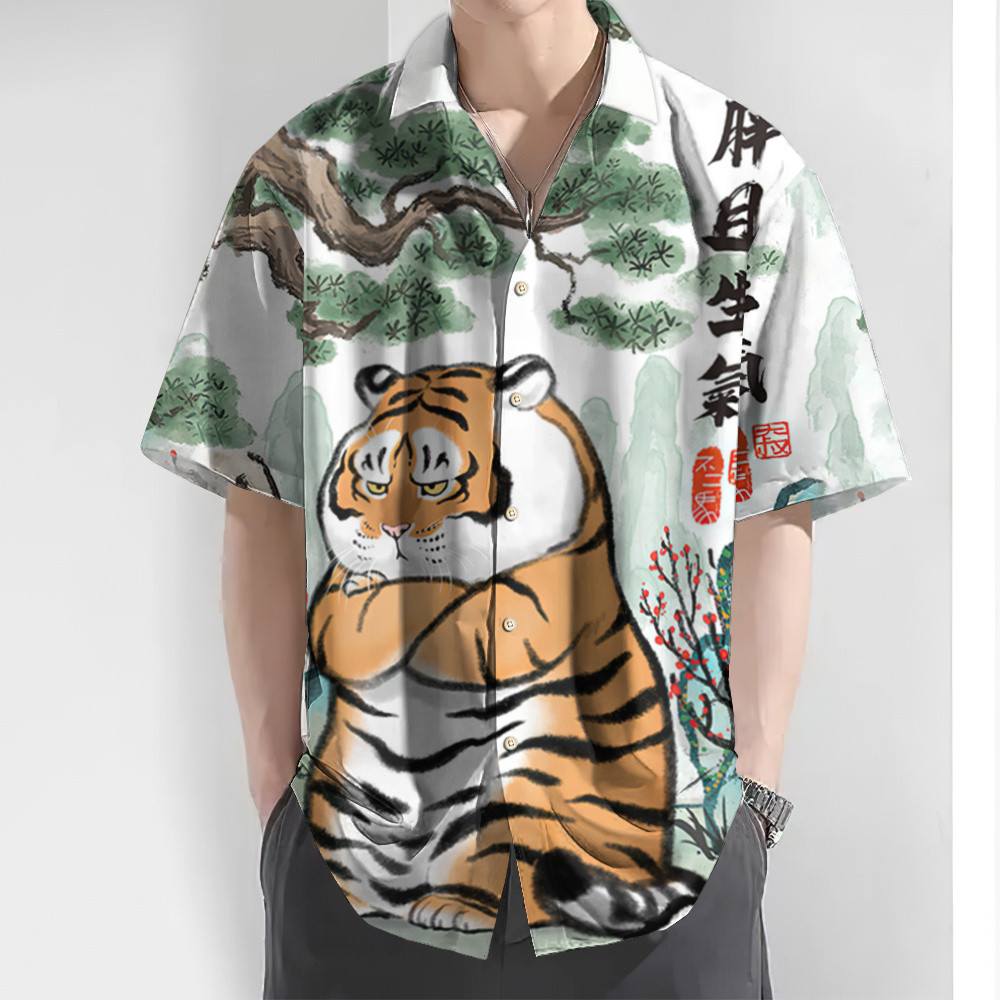 เสื้อกราฟิกเสือตลกของผู้ชายท็อปส์ซูสไตล์สตรีทการพิมพ์ 3ง เสื้อเชิ้ตแขนสั้นลําลองระบายอากาศขายดี