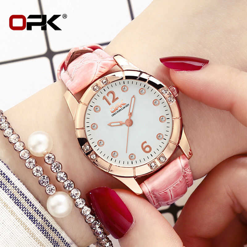 ❤ OPK นาฬิกาผู้หญิงขายเดิมกันน้ำสายหนัง Rhinestone ออกแบบส่องสว่างนาฬิกาลำลองนักเรียน