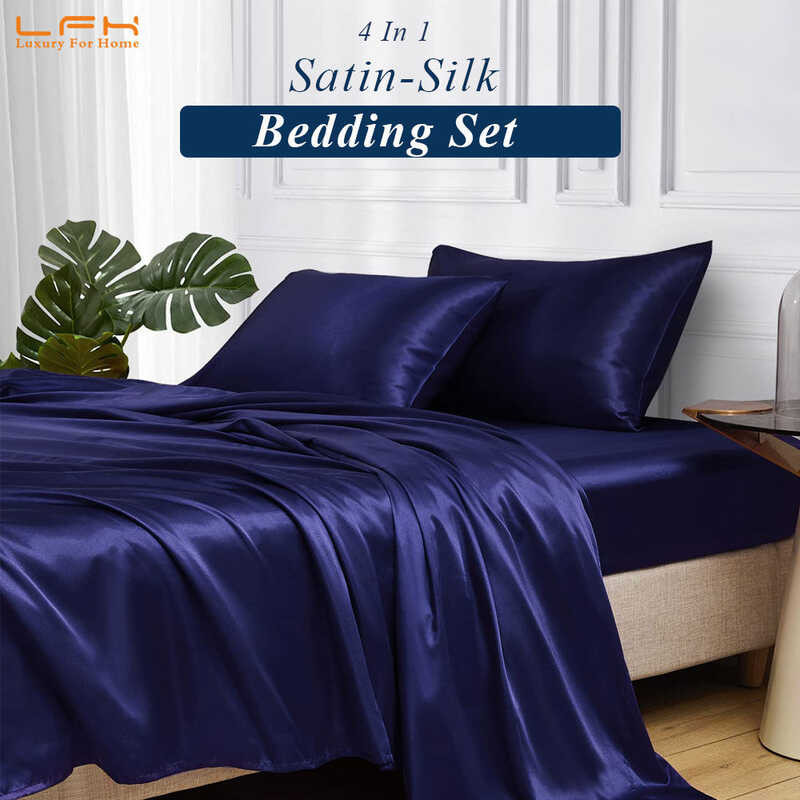 LY 4 In 1 Bedding Set Ury Satin Silk Flat Sheet & Fitted Sheet & Pillow Covers Silky Sheet Set