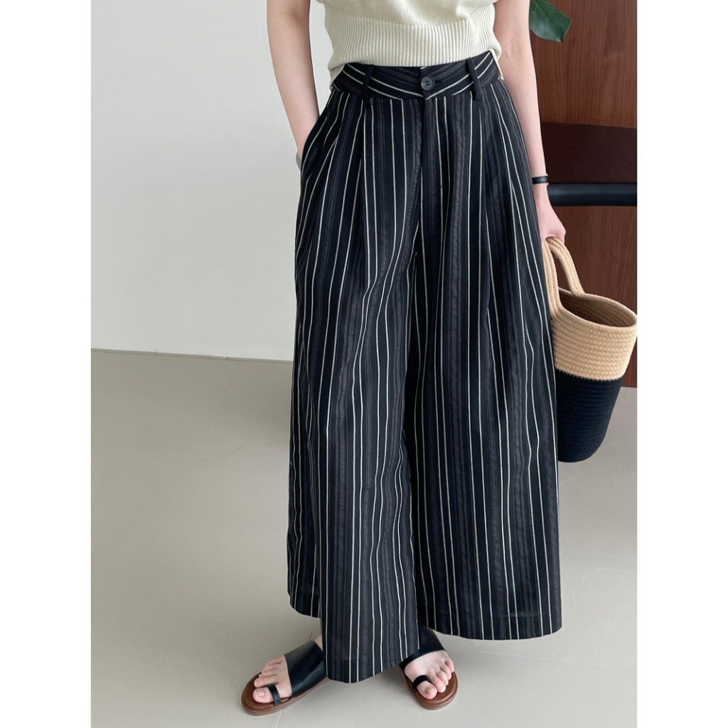 Niche Old Money สไตล์ขากว้างลายกางเกงลําลองผู้หญิงสไตล์ขี้เกียจเอวสูง All-Match Slimmer ดูกางเกงตรง