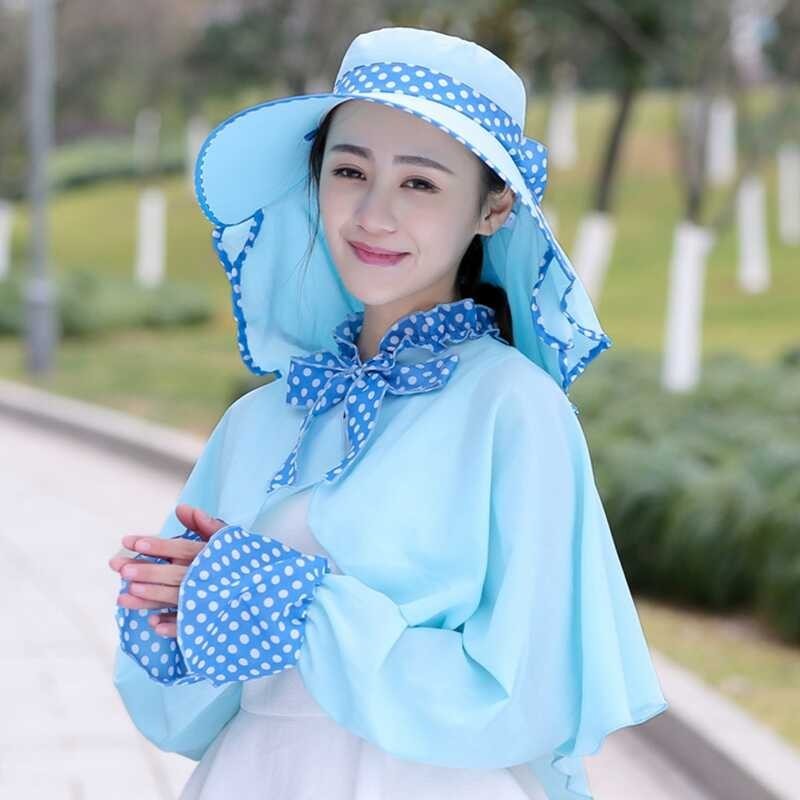 Women's Fashion Sun Wide Brim Fisherman Hat Bucket Hats With Shawl Sleeves Cover UV Protection Vis