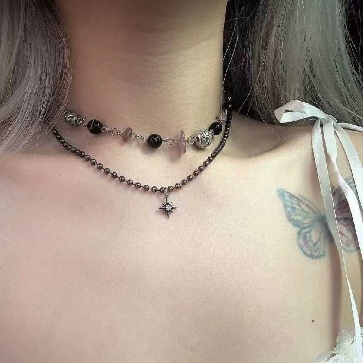 Sweet Cool สไตล์ Double Layer Stacked Sea Urchin สร้อยคอ ins Niche Design Blackened Star จี้ Clavicl