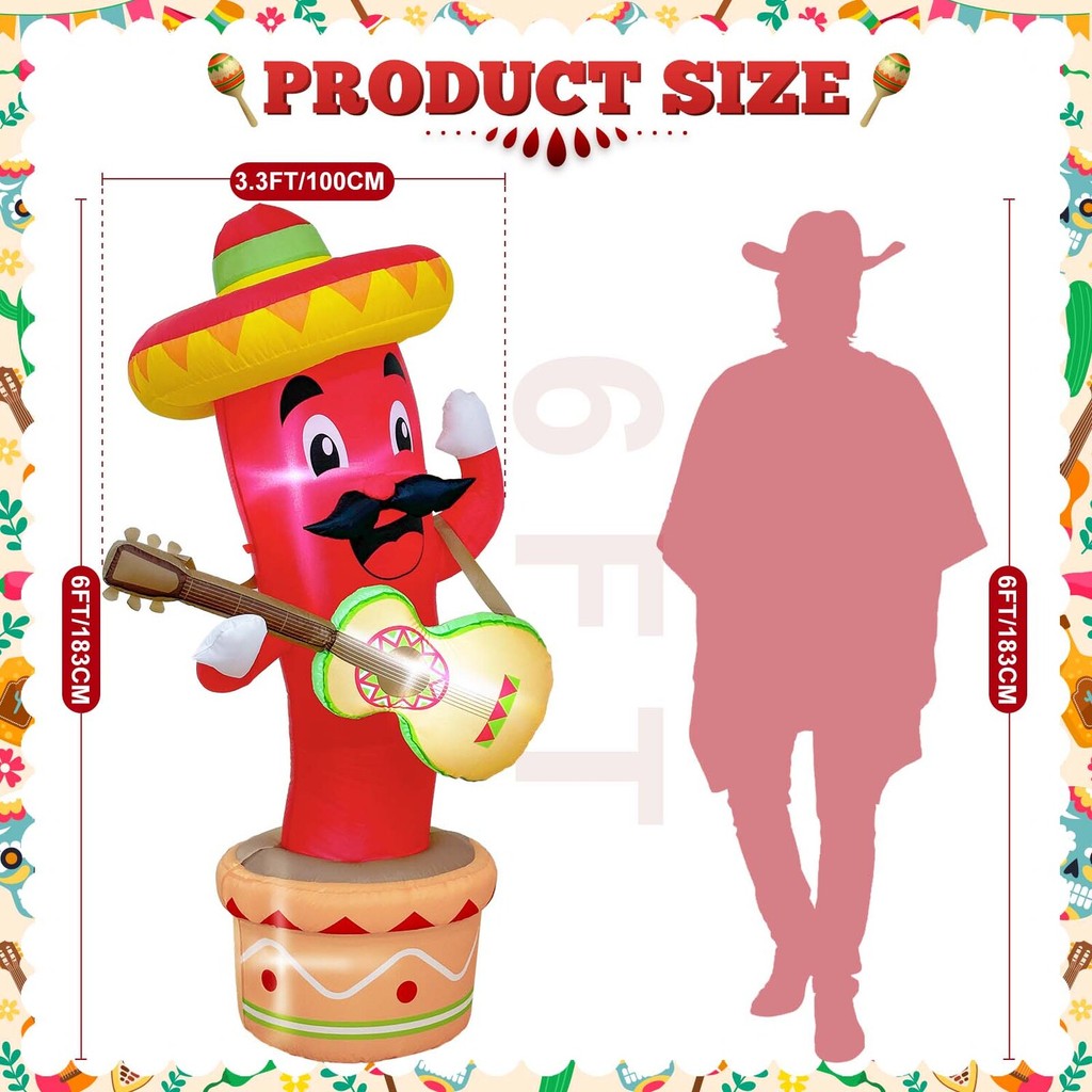 Cinco De 6FT Mayo Iatables Chili Mexican Decorations, Blow Up May 5 Taco Sombreros Guitar Mexicano