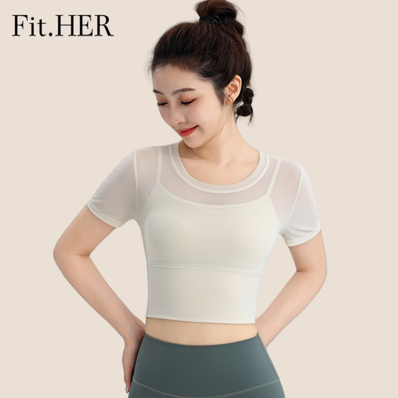 Fit HER เซ็กซี่ตาข่ายเสื้อผ้าโยคะแขนสั้นพร้อมแผ่นวิ่งกีฬาแห้งเร็ว Bra One Cup เสื้อผ้าออกกําลังกาย Tops