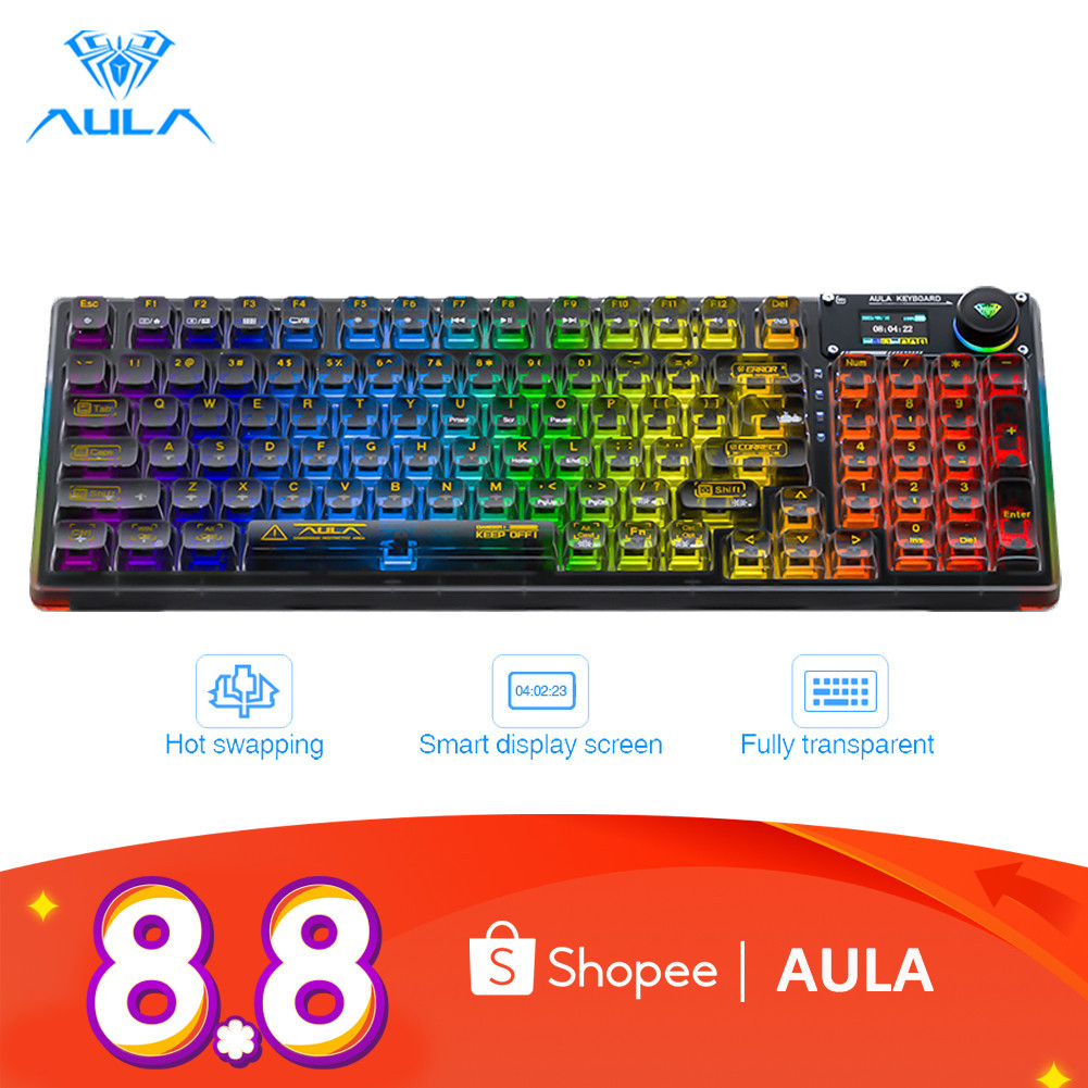 Aula F98pro 95 คีย์คีย์บอร์ดแบบกลไกโปร่งใส Tri-mode เชื่อมต่อ RGB Hot Swap พร้อมคีย์บอร์ดเกมจอแสดงผ