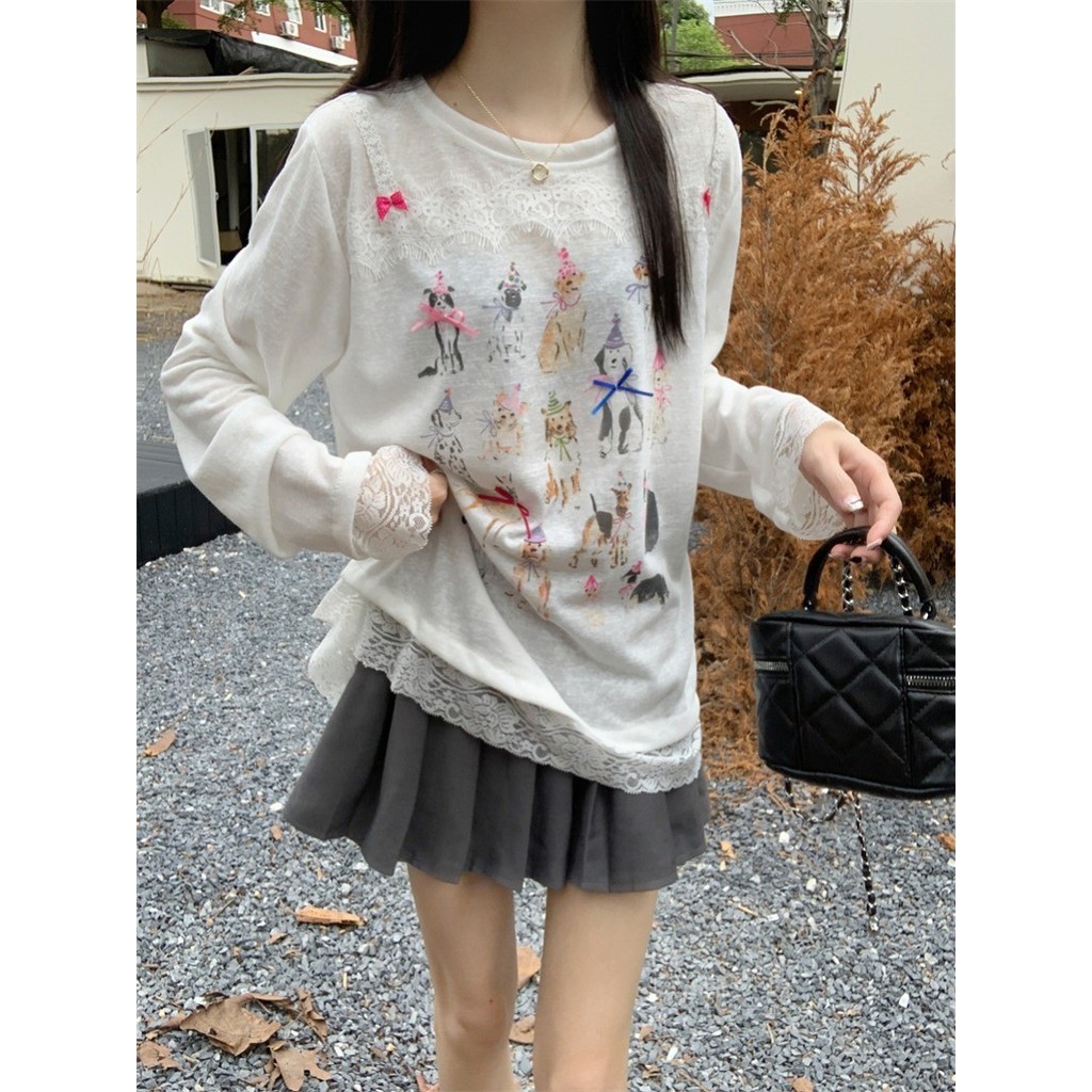 78367 เสื้อยืดแขนยาวพิมพ์ลายลูกไม้สไตล์ใหม่ผู้หญิง