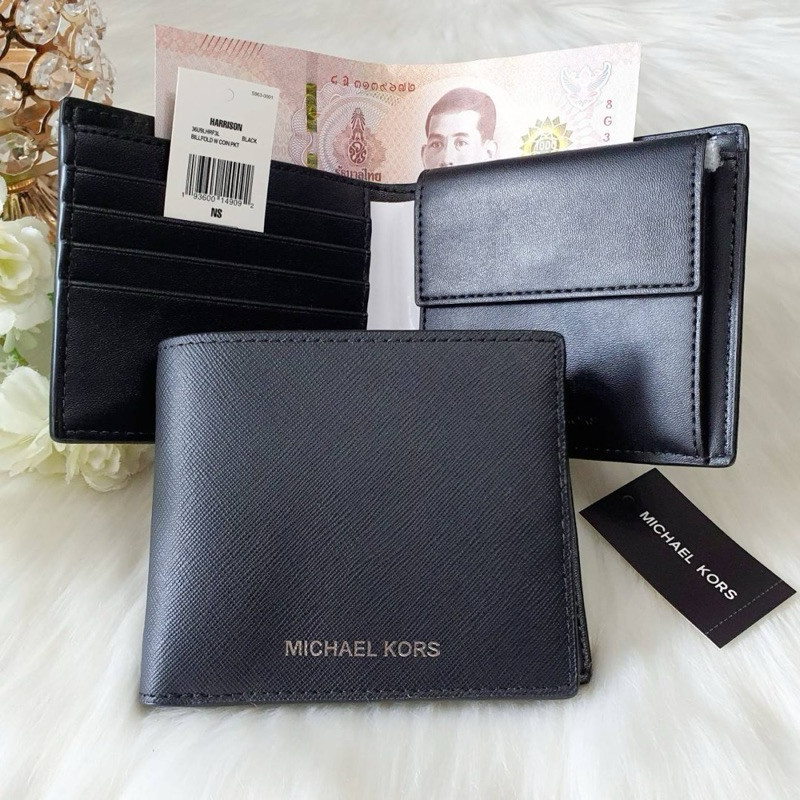 Michael Kors Men's Harrison Billfold with Pocket Wallet กระเป๋าสตางค์ชาย MK หนังสีดำ แบบมีช่องใส่เห