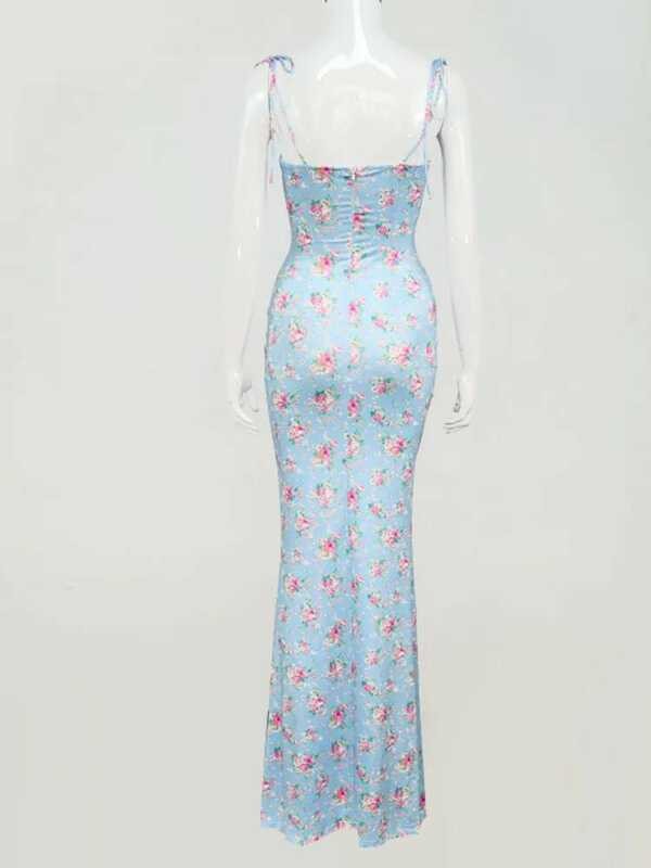 ▥ Kesiachiccly ดอกไม้พิมพ์เซ็กซี่ Draped Slip Maxi ชุดลูกไม้ชุดชายหาดผู้หญิงแขนกุด Party Club V - รูปที่ 4