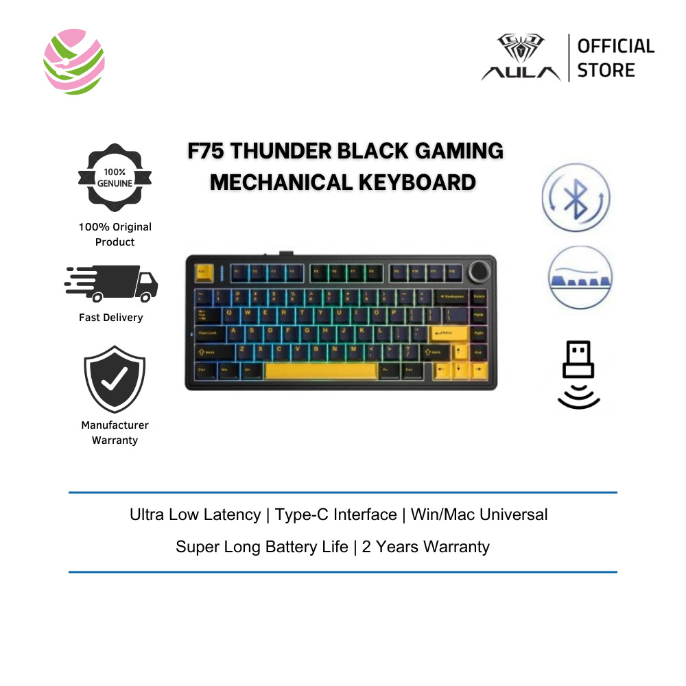 Aula F75 HotSwap Mechanical RGB Gaming Keyboard (Thunder Black) สวิตช์ไม้สีเทา V3