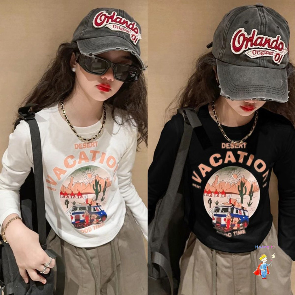 [ขายร้อน] เสื้อยืดแขนยาวเด็กผู้หญิงสไตล์ใหม่แฟชั่นพิมพ์เสื้อเชิ้ต Bottoming สั้นด้านบน