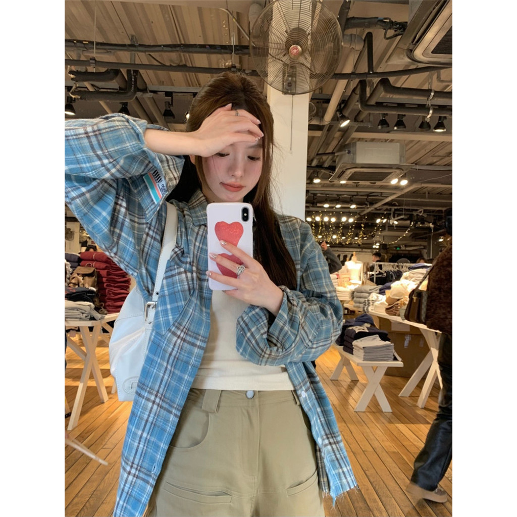 78632 Retro Contrast สีลายสก๊อตเสื้อแขนยาวหลวมผู้หญิง