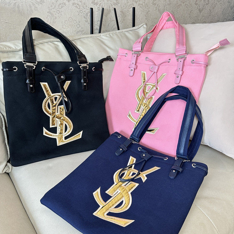 Ysl Internet Celebrity Model, กระเป๋าผ้าปักตัวอักษร YS มือสอง และหนัง Drawstring Tote Bag, Hand-held