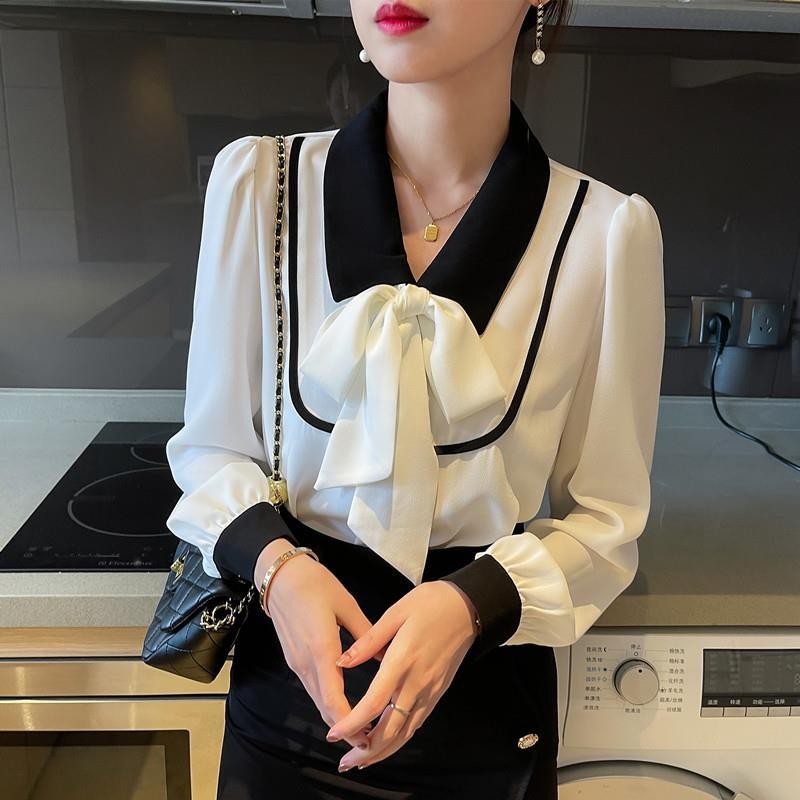 เสื้อสตรีใหม่เสื้อแขนยาวผูกโบว์เสื้อชีฟองเสื้อผู้หญิงแฟชั่น