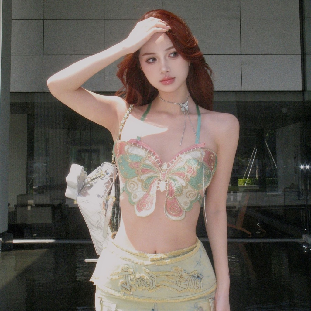 พร้อมสต็อกจัดส่งที่รวดเร็ว ผีเสื้อเย็บปักถักร้อยเซ็กซี่เปลือยหลอดด้านบนยกทรงผู้หญิงฤดูร้อนสลิมฟิตออกแบบซอกสาวร้อนสั้นด้านบน