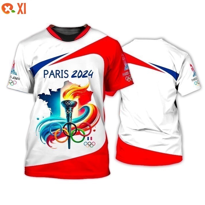 Xile9 2024 ปารีสโอลิมปิกเกมเสื้อยืดโอลิมปิกรูปแบบไฟฉาย ไม่จํากัดเพศ เสื้อยืดฤดูร้อนหลวมแขนสั้นเสื้อย