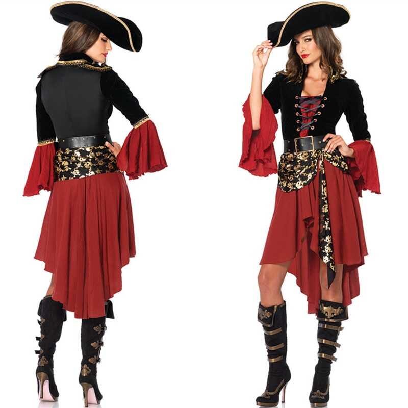 Female Ataullah Caribbean Pirates Captain Costume Halloween Role Playing Cosplay Suit Medoeval Goth