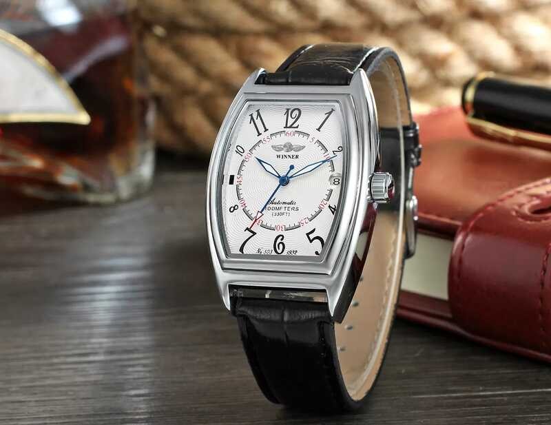 WINNER New Nical Automatic Watch Men's Automatic Fashion Casual Bucket Shaped Leather Strap Watch.