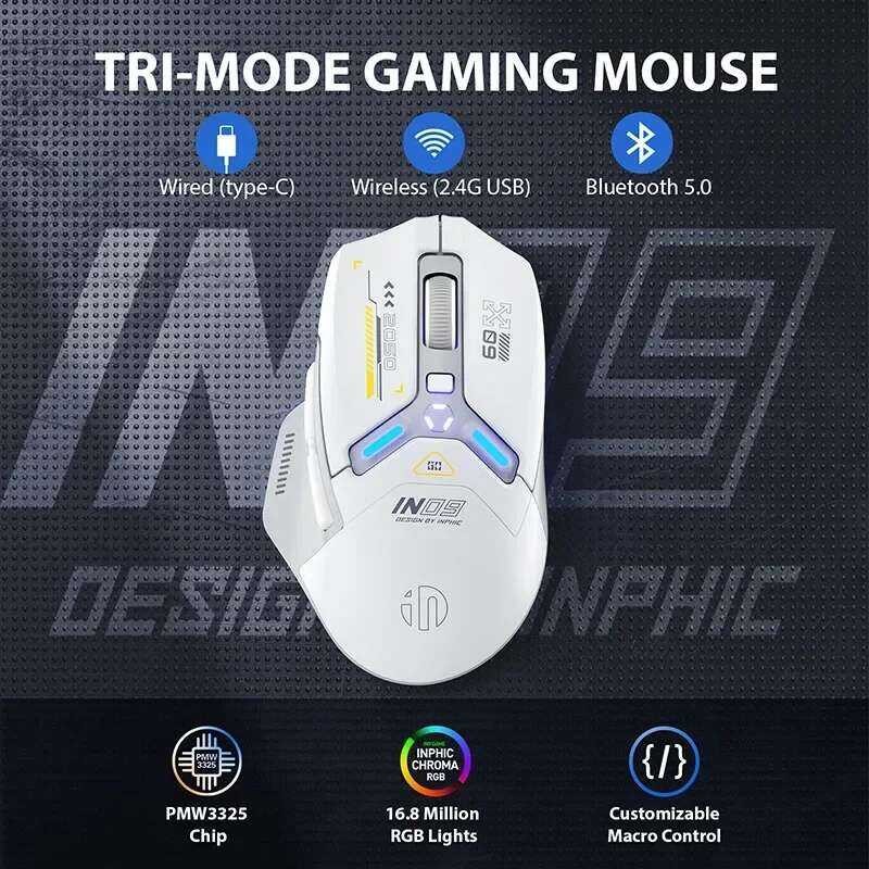 INPHIC เมาส์เกมมิ่งไร้สายบลูทูธ IN9 สามโหมด ออกแบบตามหลักสรีรศาสตร์ RGB PUBG/LOL/CSGO สำหรับเดสก์ท็อ