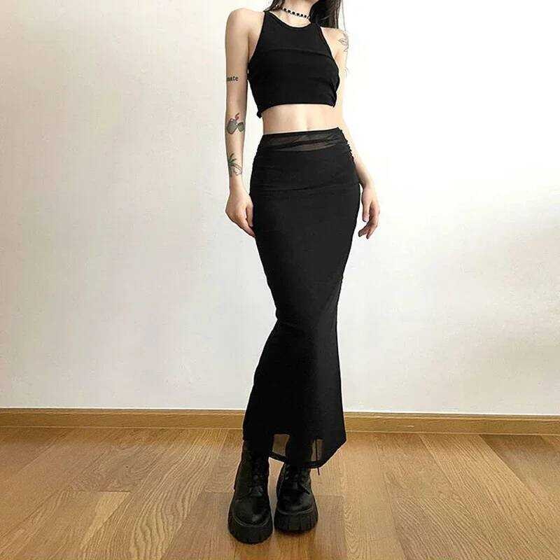 ▥  Y2k Black Long Skirts Women Haruku Sexy Mesh Patchwork Wrap Skirt Summer Gothic Korean