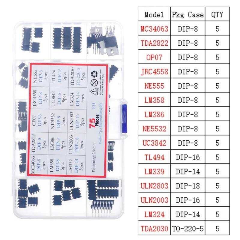 IC ชุดอุปกรณ์ DIP 75 ชิ้น 15 ค่า LM358 LM386 ULN2003 LM324 NE555 MC34063 TDA2822 JRC4558 OP07 TDA203
