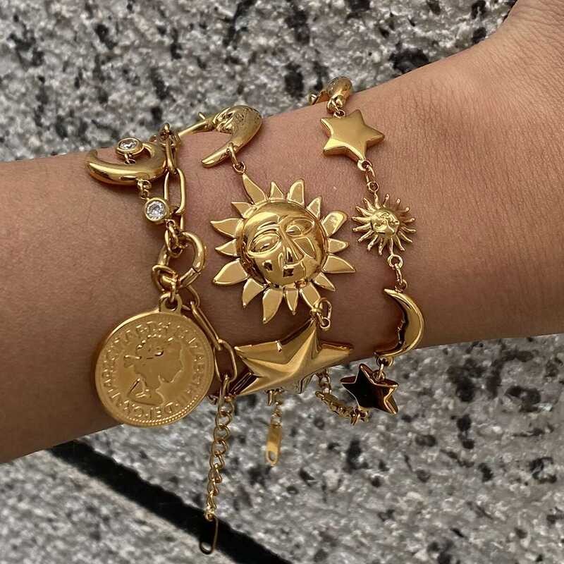 Uworld สร้อยข้อมือจี้พระอาทิตย์สแตนเลสแบบซ้อนได้ Beach Ocean Star Moon ของขวัญเครื่องประดับสำหรับผู้