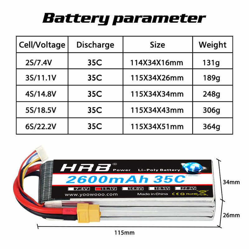 ➧ HRB 2S 3S 4S Lipo แบตเตอรี่ 7.4V 11.1V 2600Mah 35C พร้อมตัวเชื่อมต่