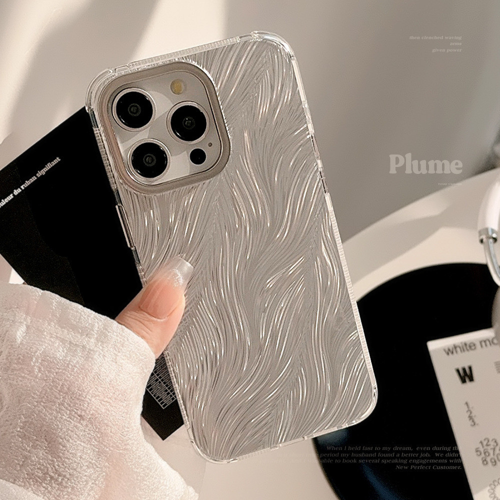 หรูหราเงินขนนกเส้นด้ายเนื้อเคสโทรศัพท์สําหรับiphone 15 14 Pro Max 12 13 Plusเลนส์ป้องกันScratch-ทนกันกระแทกIMD Hardโทรศัพท์ปกหลัง