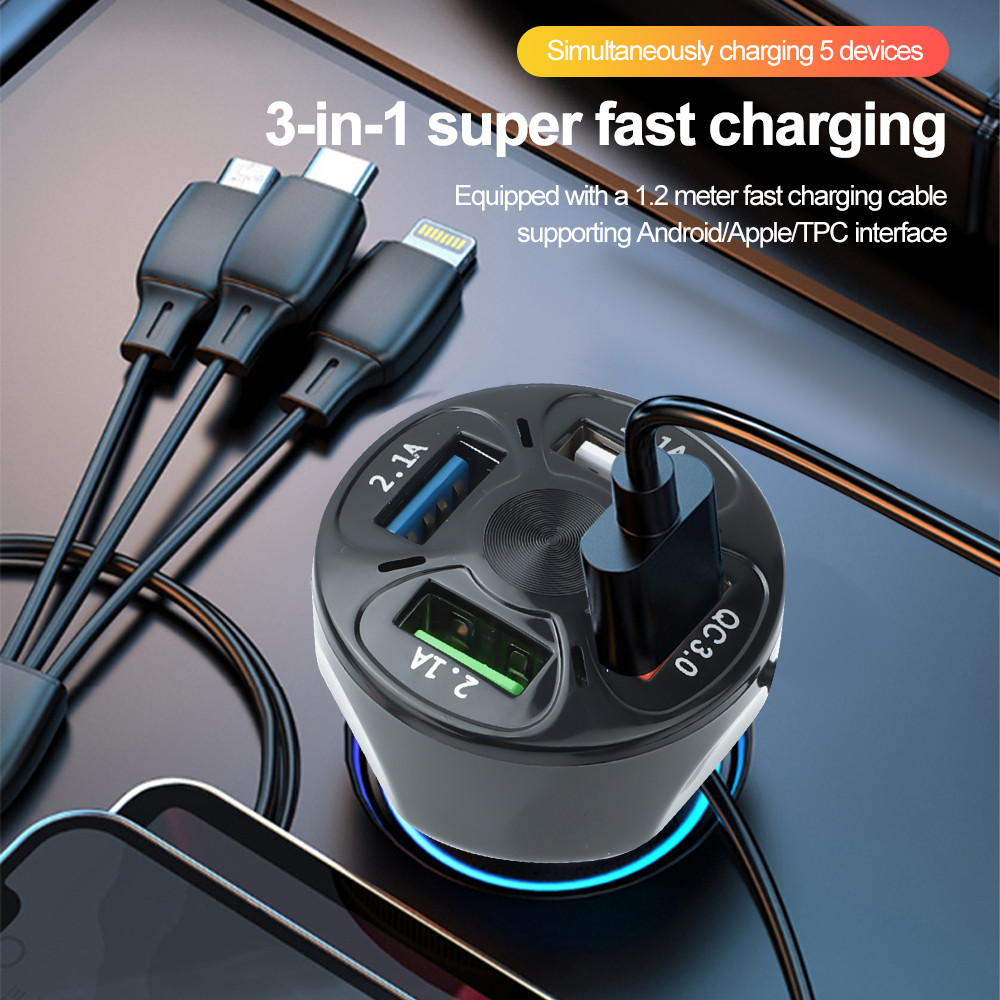 3 in 1 Car Charger 4 พอร์ต 12V-24V Usb Fast Charging อะแดปเตอร์โทรศัพท์ในรถยนต์เหมาะสําหรับชาร์จโทรศัพท์มือถือหลายตัว