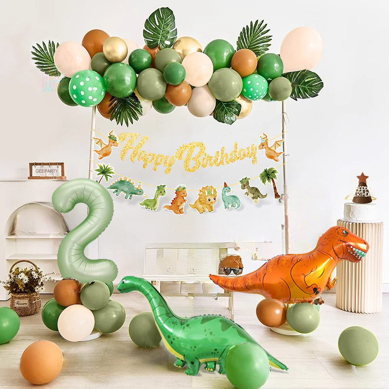 58ชิ้น ที เร็กซ์ สีเขียวเข้มสีน้ําตาลบอลลูนกระดาษแบนเนอร์ชุดสําหรับเด็กเด็กไดโนเสาร์ธีมงานเลี้ยงวันเกิดอุปกรณ์ตกแต่ง