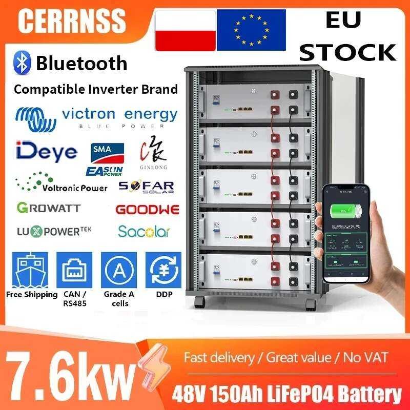 แบตเตอรี่ลิเธียม 48V LiFePO4 100AH 150AH 200AH 51.2V 7.6KW 6000+ รอบ พร้อม Bluetooth BMS สำหรับพลังง